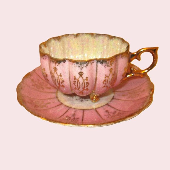 Hand painted pink & gold gilded three legged with iridescent white Shafford Japa - Picture 1 of 10